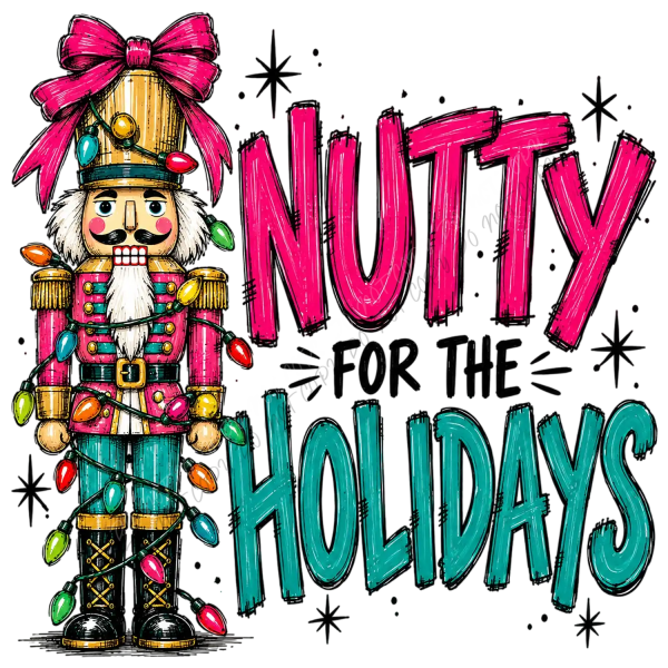 Whimsical nutcracker with pink bow, gold uniform, and colorful ornament lights—ready to press dtf transfer.