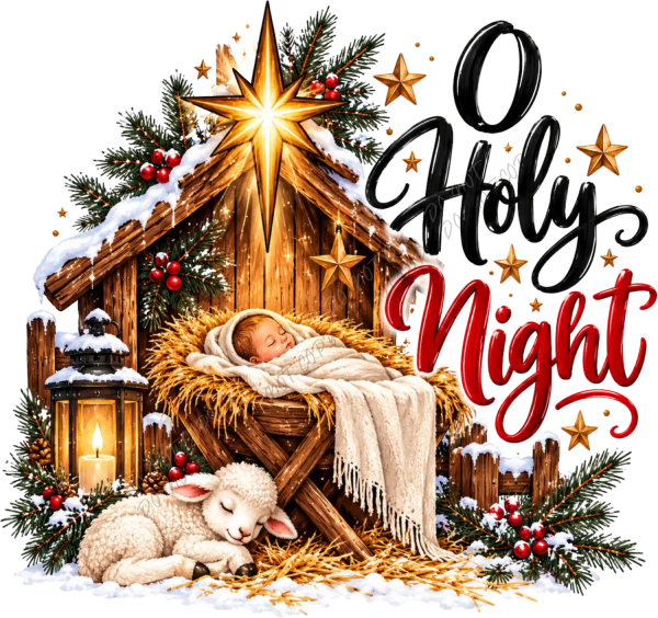 Golden star nativity scene with baby Jesus, lamb, and stable - ready to press dtf transfer with Christmas elements