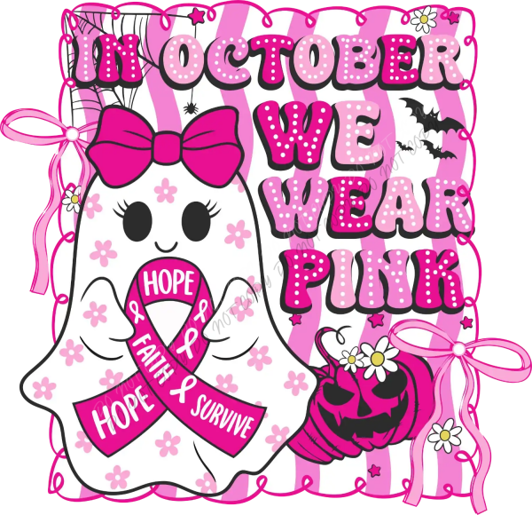 Cute ghost character with pink bow and hope ribbon, ready to press DTF transfer for breast cancer awareness
