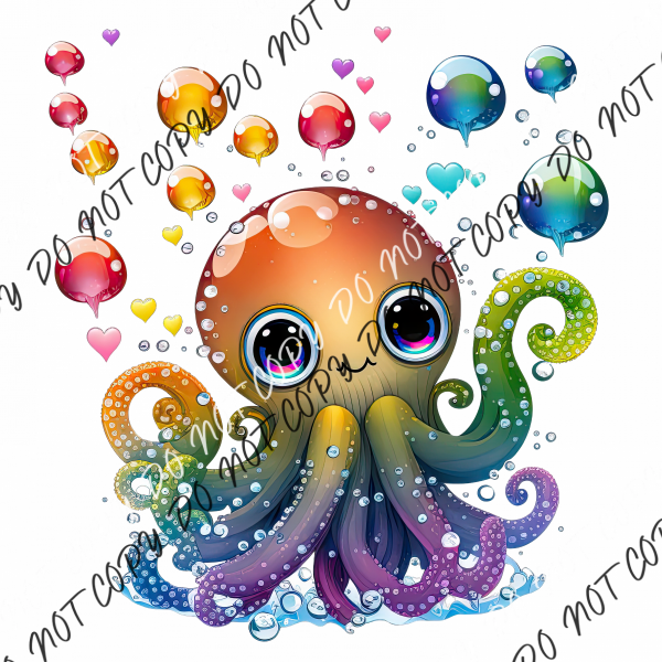 Octopus With Bubbles And Hearts Dtf Transfer