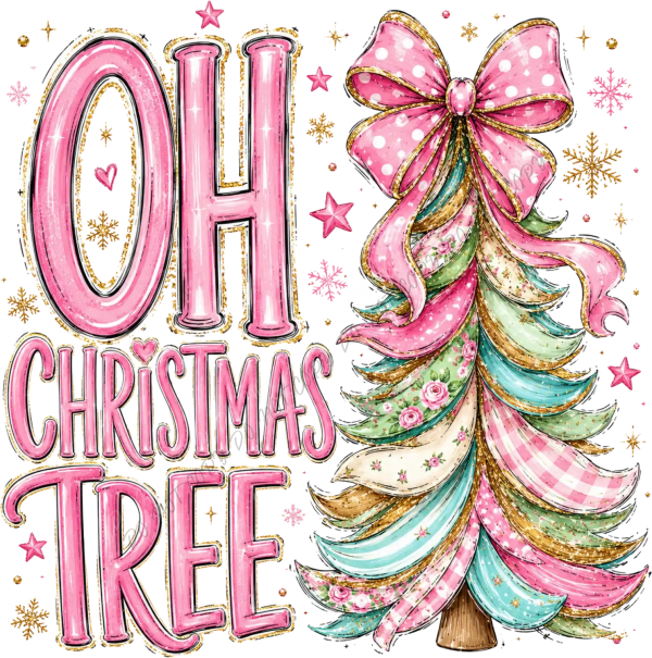 Pink 'Oh Christmas Tree' design with colorful striped tree, polka dot bow, and gold snowflakes, ready to press dtf transfer