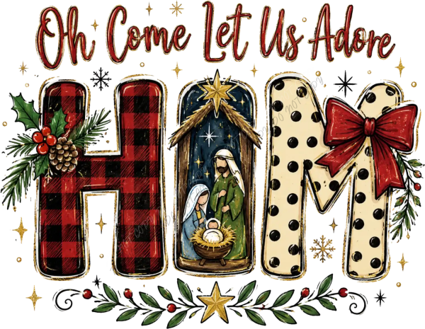 Colorful nativity scene with plaid and polka dot letters spelling HONI, ready to press dtf transfer