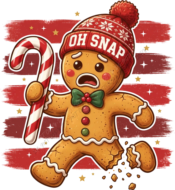 Cartoon gingerbread man wearing red pom beanie holding candy cane, ready to press dtf transfer with holiday theme