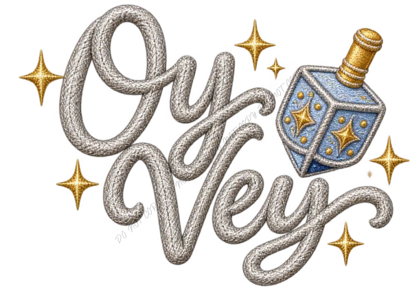 Oy Vey Dreidel design with textured rope lettering, blue ornate dreidel with gold stars, ready to press dtf transfer