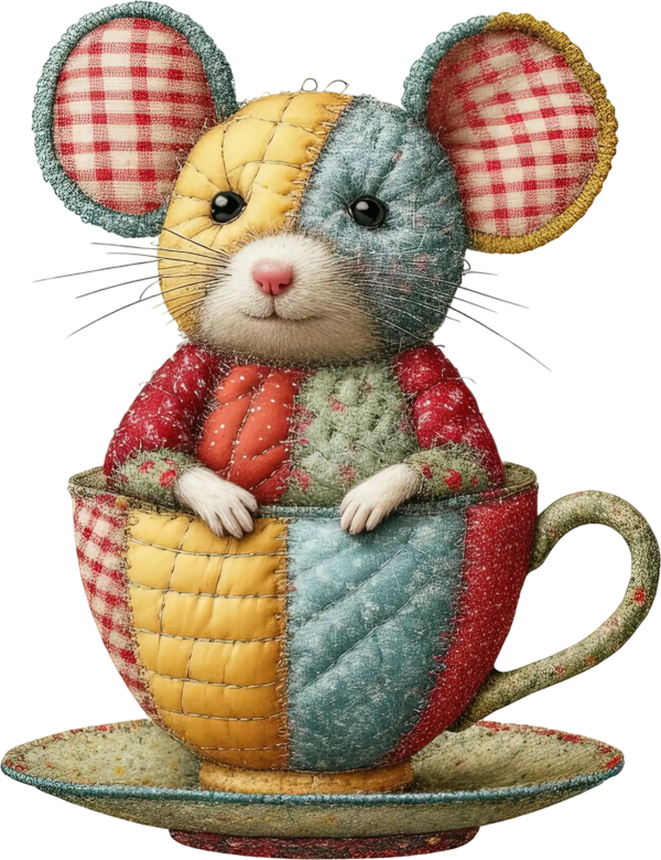 Patchwork Faux Quilted Mouse in Teacup DTF Transfer - RTP DTF Transfer