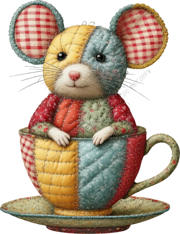 Patchwork Faux Quilted Mouse in Teacup DTF Transfer - RTP DTF Transfer