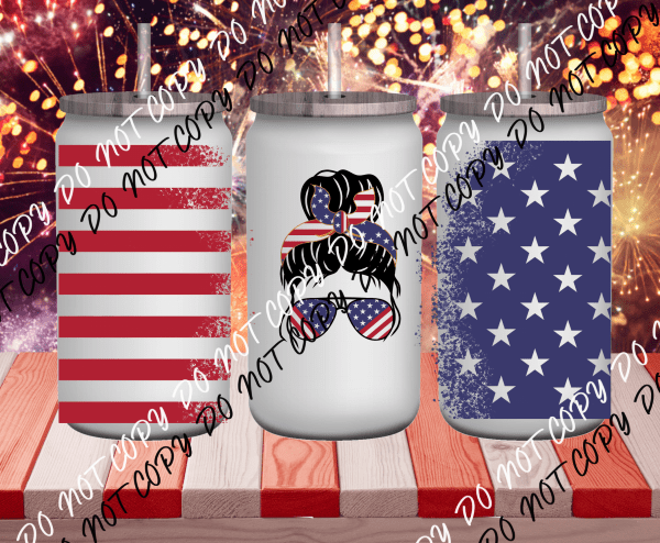 Patriot Messy Bun UV Transfer for 16 oz Glass Can - We Print U Press DTF Transfers