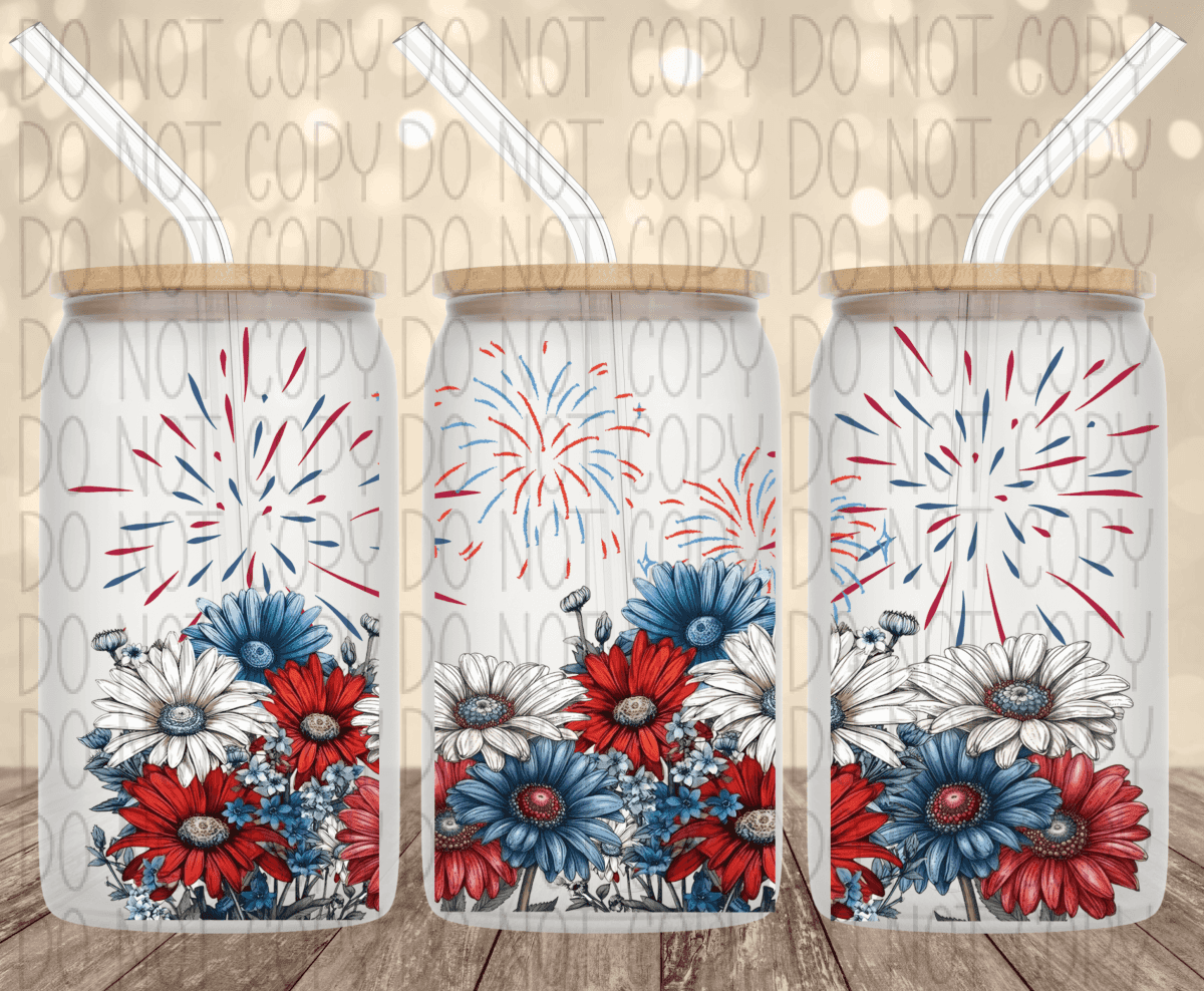 Patriotic Daisies And Fireworks 16 Oz Glass Can