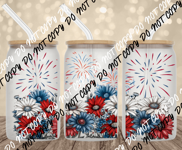 Patriotic Daisies and Fireworks UV Transfer for 16 oz Glass Can - We Print U Press DTF Transfers