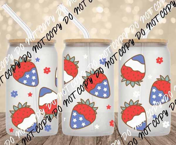 Patriotic Strawberries UV Transfer for 16 oz Glass Can - We Print U Press DTF Transfers