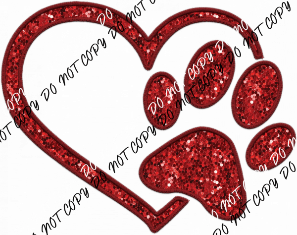 Paw Heart Red faux sequin and faux embroidery DTF Transfer - We Print U Press DTF Transfers