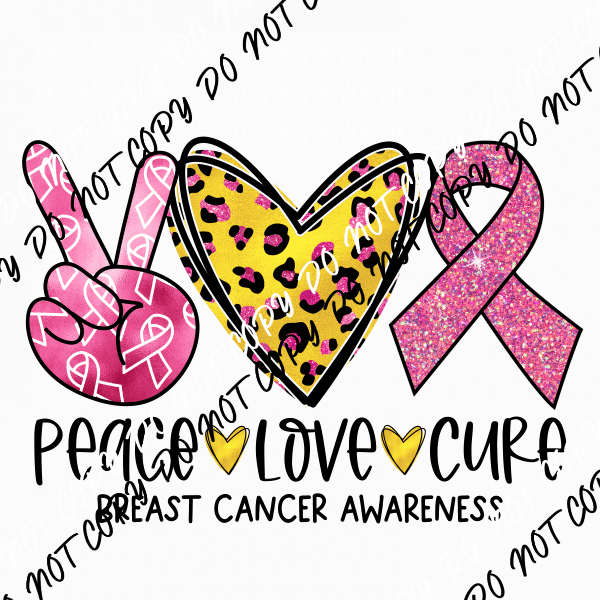 Peace Love Cure Breast Cancer YELLOW Leopard DTF Transfer - We Print U Press DTF Transfers