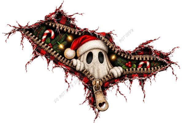 Peek a Boo Ghost Christmas Zipper DTF Transfer wearing Santa hat with Christmas decorations and gold zipper, ready to press dtf transfer