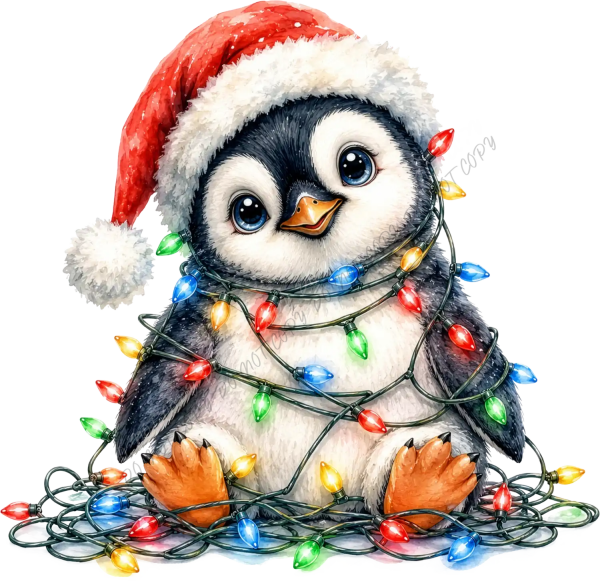 Cute penguin with Santa hat wrapped in colorful Christmas lights, ready to press dtf transfer on white background