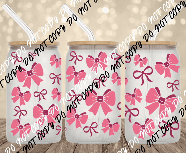 Pink Bow Pattern UV Transfer for 16 oz Glass Can - We Print U Press DTF Transfers