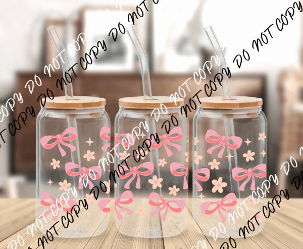 Pink Bows UV Transfer for 16 oz Glass Can - We Print U Press DTF Transfers