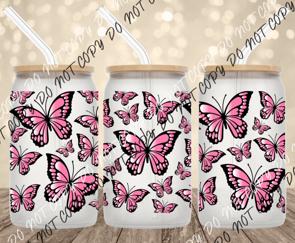 Pink butterflies UV Transfer for 16 oz Glass Can - We Print U Press DTF Transfers