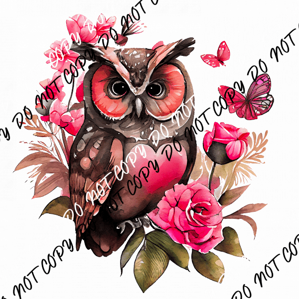 Pink Floral Brown Owl Watercolor DTF Transfer - We Print U Press DTF Transfers