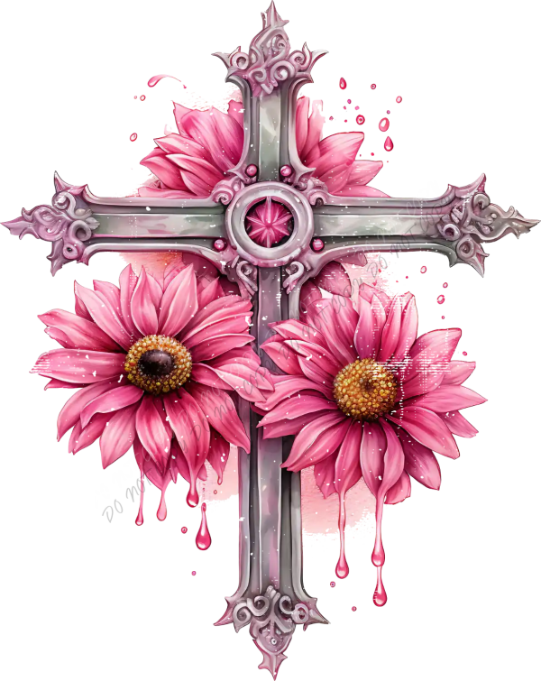 Ornate cross with pink gerbera daisies and floral elements, ready to press dtf transfer design
