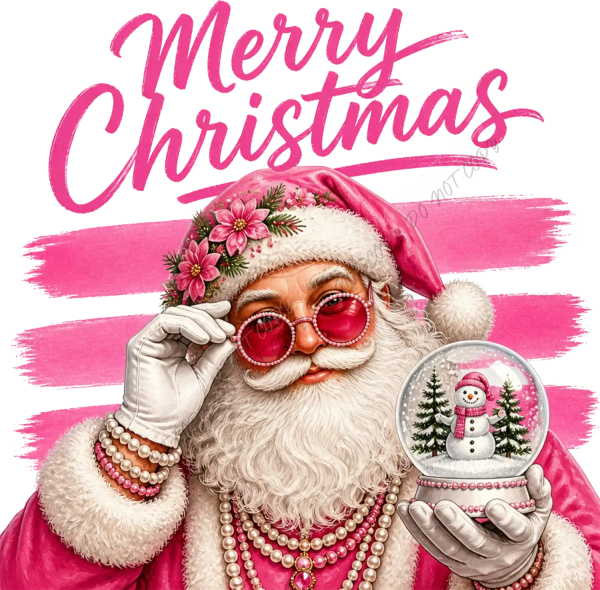 Stylish Santa with pink floral hat, rose sunglasses & pearls holding snow globe, ready to press dtf transfer
