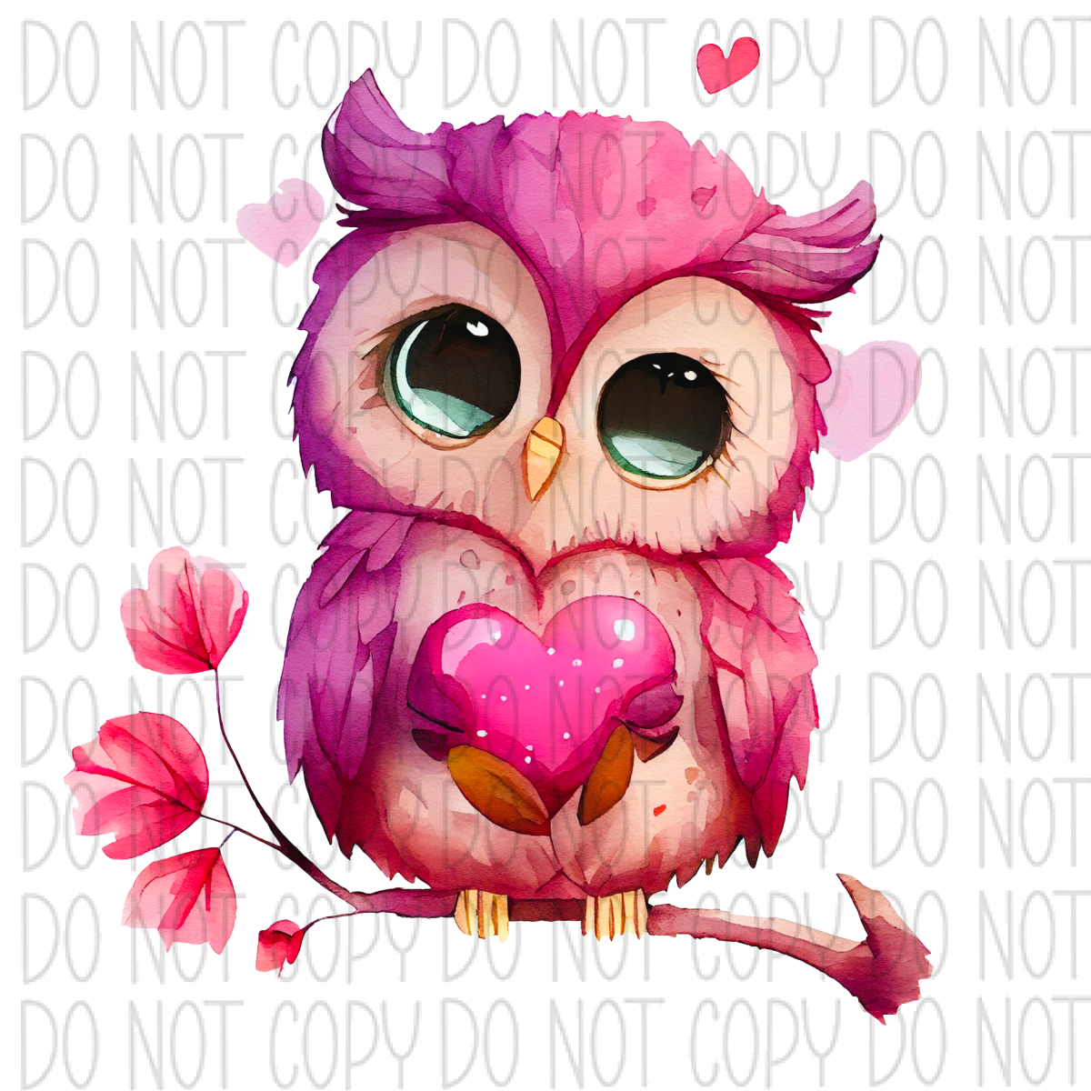 Pink Heart Baby Owl Watercolor Dtf Transfer