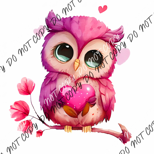 Pink Heart Baby Owl Watercolor Dtf Transfer