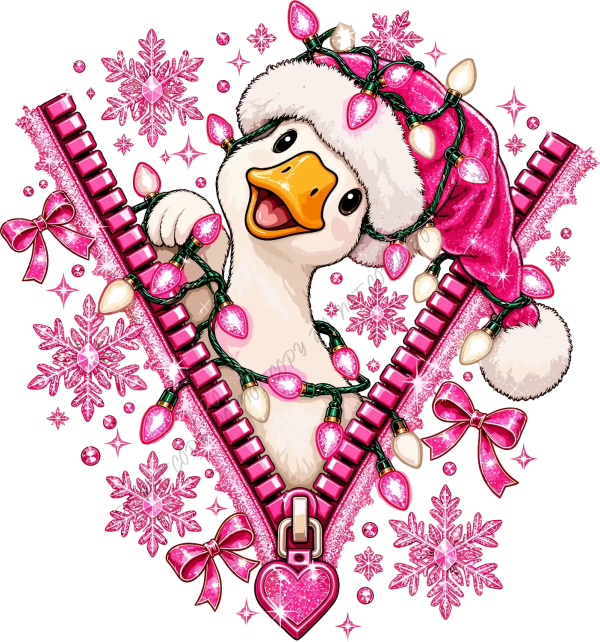 White duck with orange bill wearing pink holiday lights and bow, surrounded by pink snowflakes and sparkles, ready to press dtf transfer