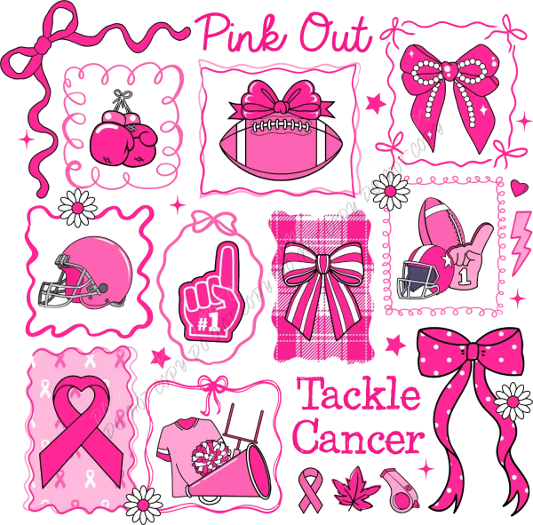Pink football with bow, cancer ribbons, and bows graphic ready to press dtf transfer