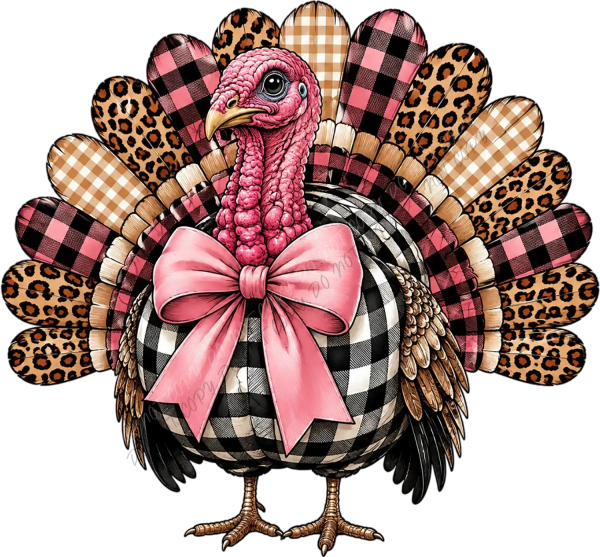 Pink plaid turkey with leopard print feathers and pink bow, ready to press dtf transfer