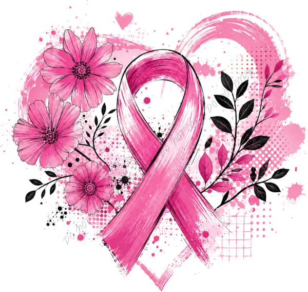 Pink ribbon breast cancer awareness design with daisies and botanical elements, ready to press dtf transfer