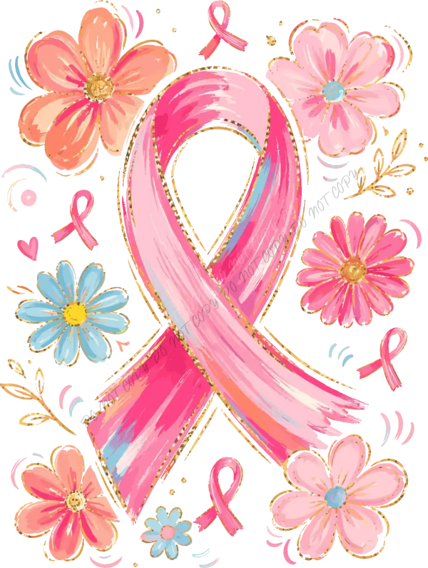 Pink ribbon with colorful watercolor flowers ready to press dtf transfer design with gold glitter accents