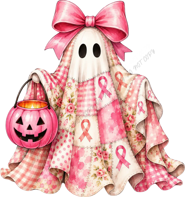 Ready to press DTF transfer featuring a ghost in pink plaid and floral fabric with pink ribbon symbols and matching bow.
