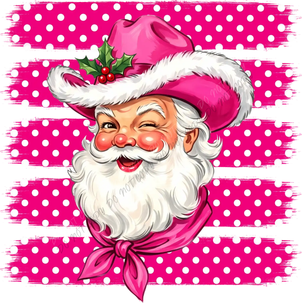 Cheerful pink Santa face with white beard and red nose on polka dot background, ready to press dtf transfer