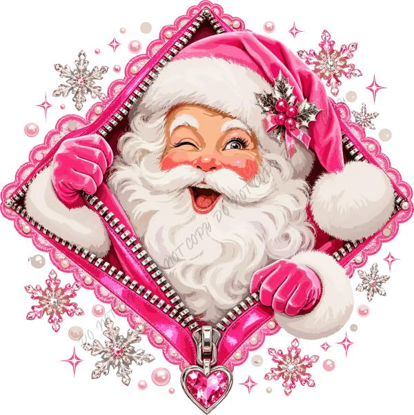 Cheerful pink Santa with white beard in hot pink jacket, ready to press dtf transfer with snowflakes and sparkles
