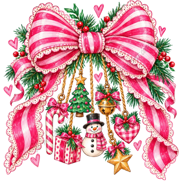 Pink striped bow with lace trim, Christmas ornaments, snowman, and candy cane—ready to press dtf transfer
