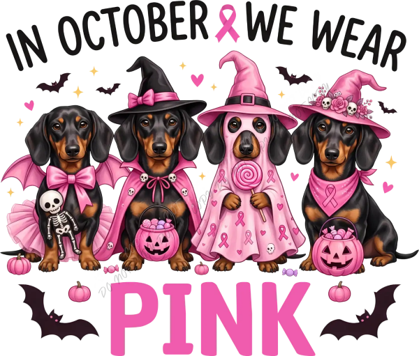 Four dachshunds dressed as witches in pink costumes with hats, ready to press dtf transfer for Halloween shirts