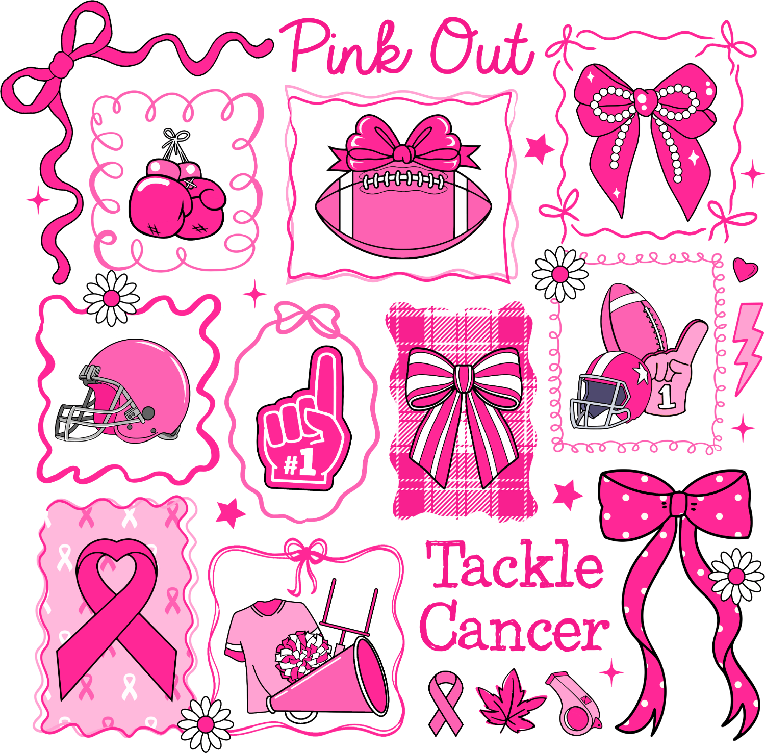 Pink football with bow, cancer ribbons, and bows graphic ready to press dtf transfer
