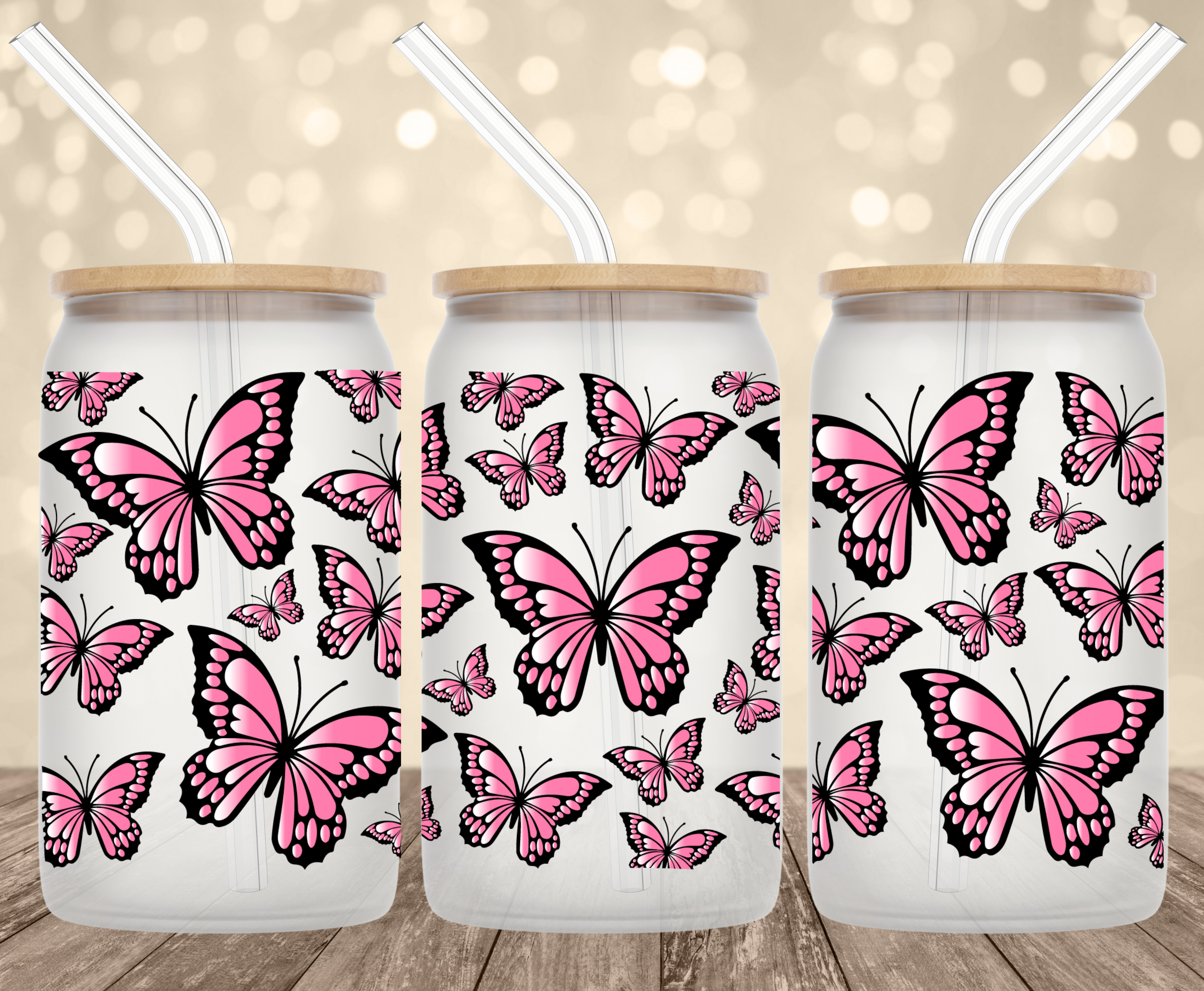 Pink butterflies UV Transfer for 16 oz Glass Can Tumblers