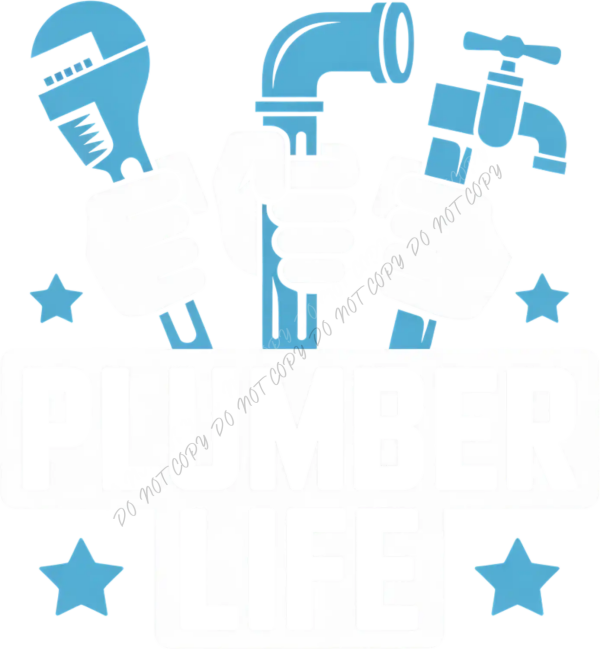 Blue plumbing tools icons including wrench, pipe, and faucet design ready to press dtf transfer