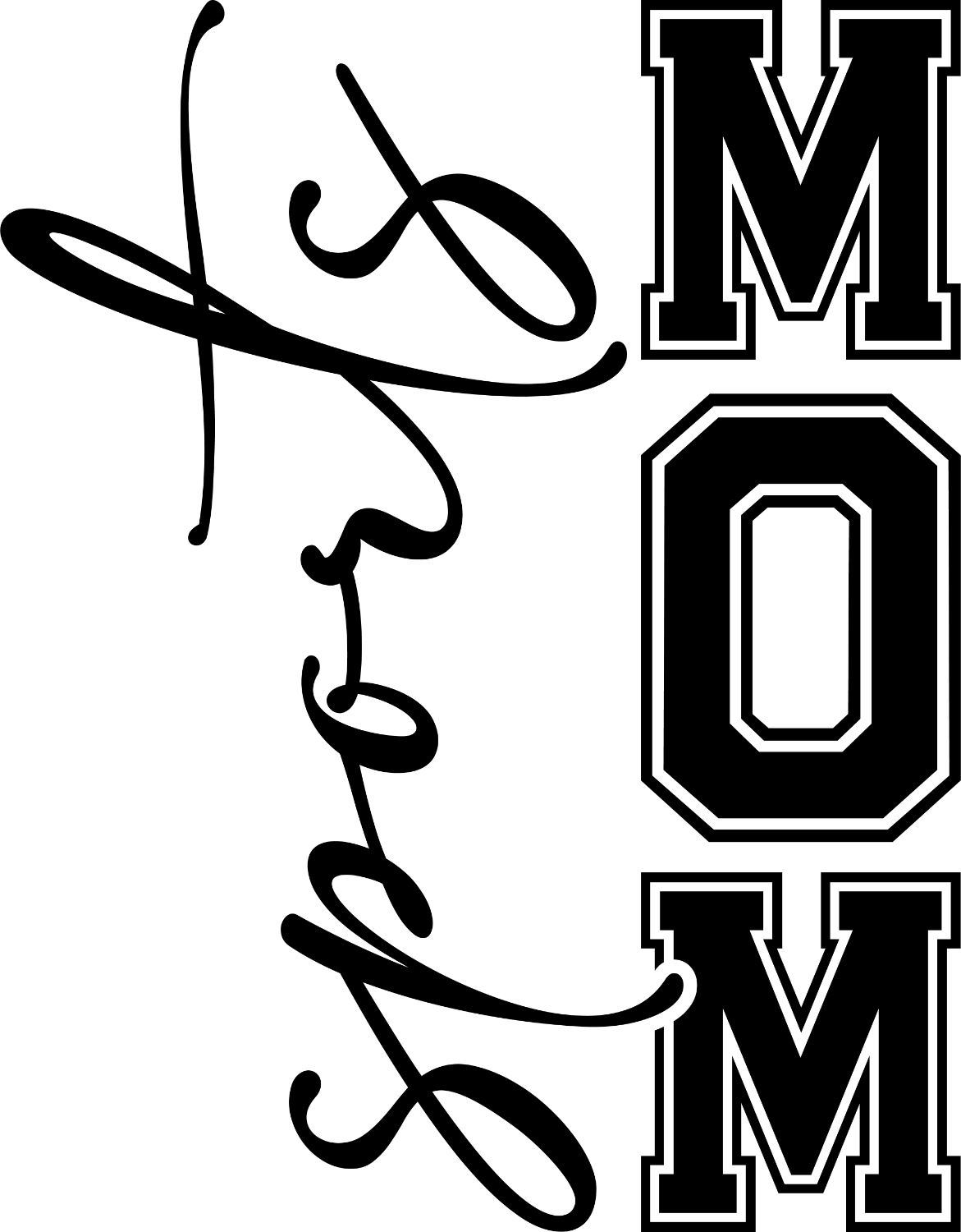 Black cursive script spelling 'mom' with decorative swashes, ready to press dtf transfer design