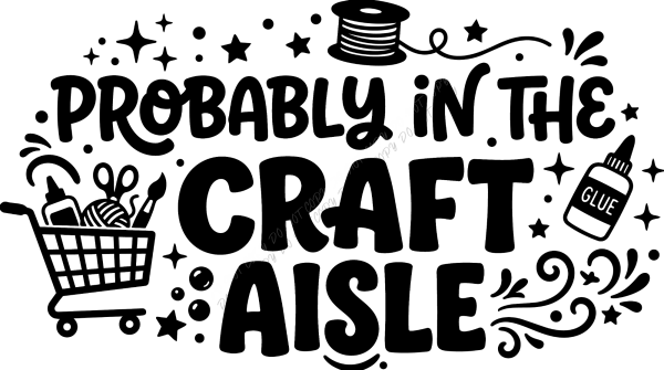 Black and white illustration with shopping cart, yarn, spool, glue bottle, and stars—ready to press DTF transfer.