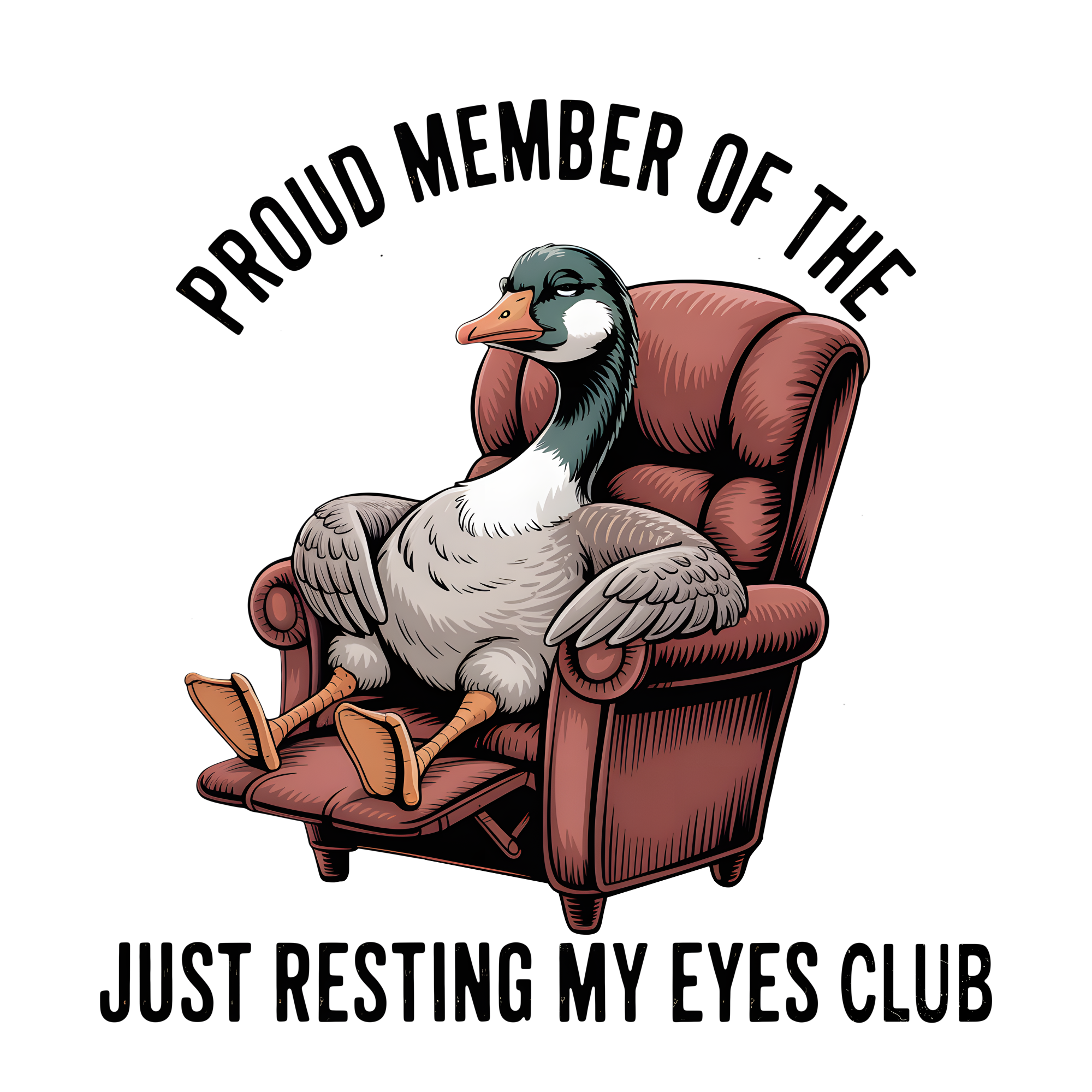 Cartoon duck lounging in burgundy armchair with legs up, ready to press DTF transfer design.