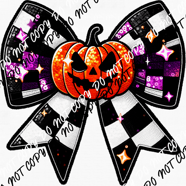 Pumpkin Checkered Bow Faux Sequin and Embroidery DTF Transfer - We Print U Press DTF Transfers