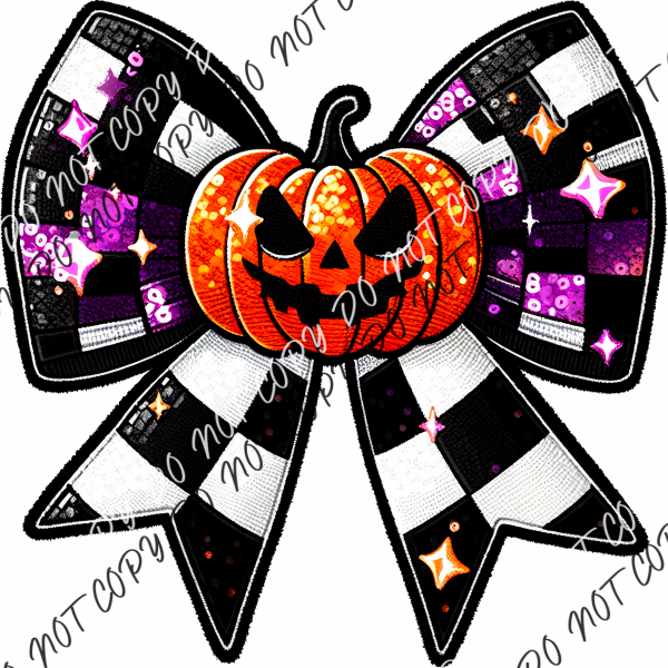 Pumpkin Checkered Bow Faux Sequin And Embroidery Dtf Transfer Rtp Transfers