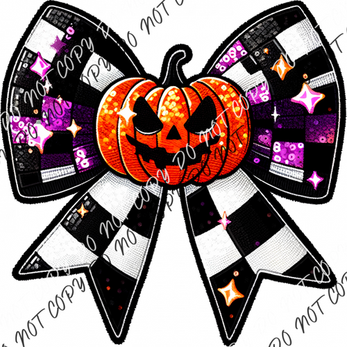 Pumpkin Checkered Bow Faux Sequin And Embroidery Dtf Transfer Rtp Transfers