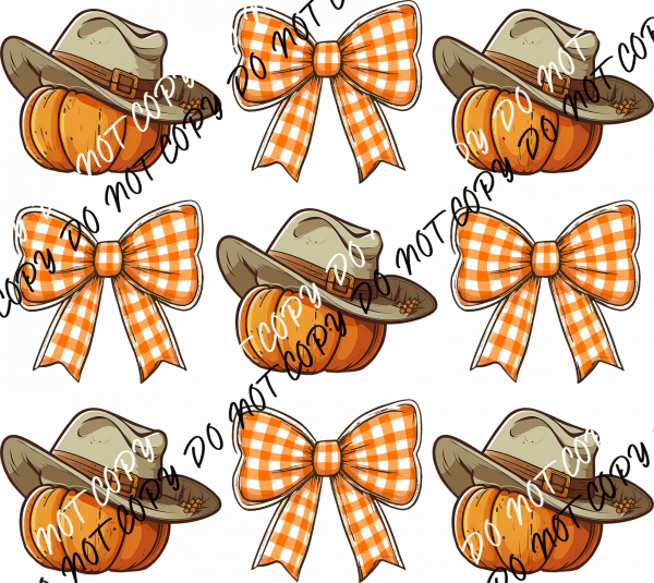 Pumpkin Cowboy Hat and Coquette Gingham Bows Grid DTF Transfer - We Print U Press DTF Transfers