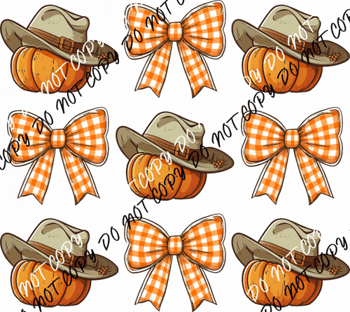 Pumpkin Cowboy Hat and Coquette Gingham Bows Grid DTF Transfer - We Print U Press DTF Transfers