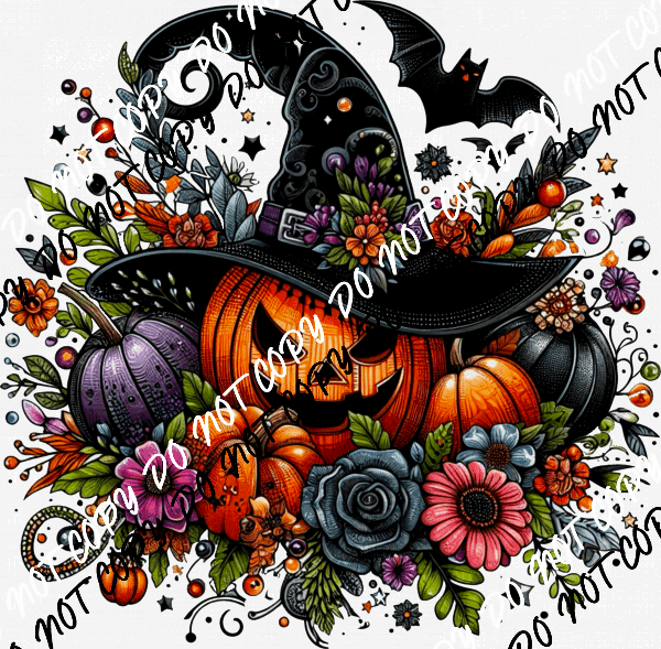 Pumpkin Witch Floral with Bat DTF Transfer - We Print U Press DTF Transfers