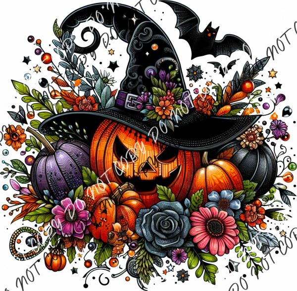 Pumpkin Witch Floral With Bat Dtf Transfer Rtp Transfers