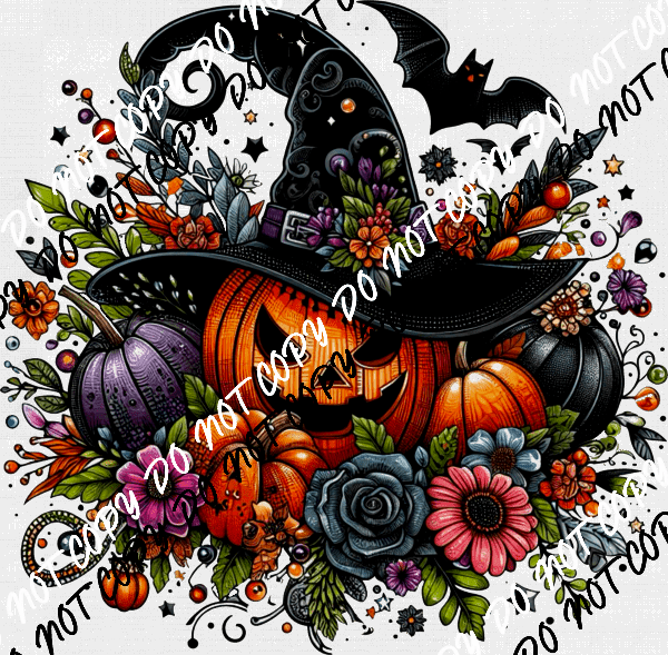 Pumpkin Witch Floral with Bat DTF Transfer - We Print U Press DTF Transfers